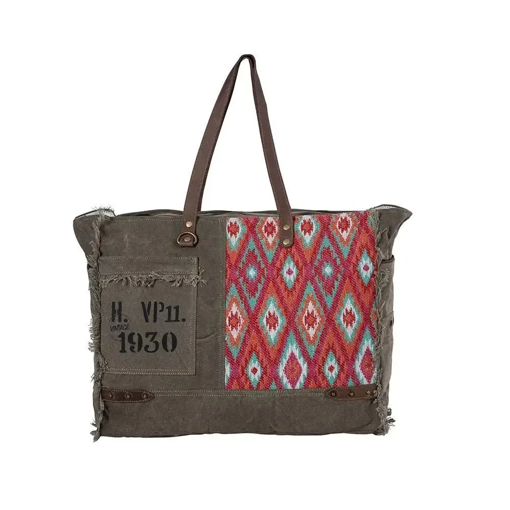 Myra Bag Handmade High Trails Weekender Bag Upcycled Canvas & Cowhide Leather